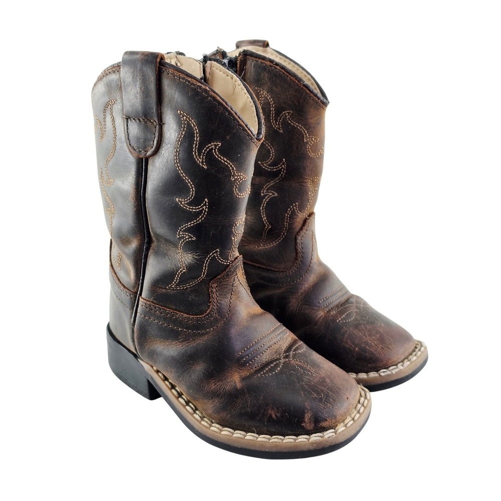 Old West Toddler Brown Leather Square Toe Cowboy Boots BSI1904 Size 5.0-D